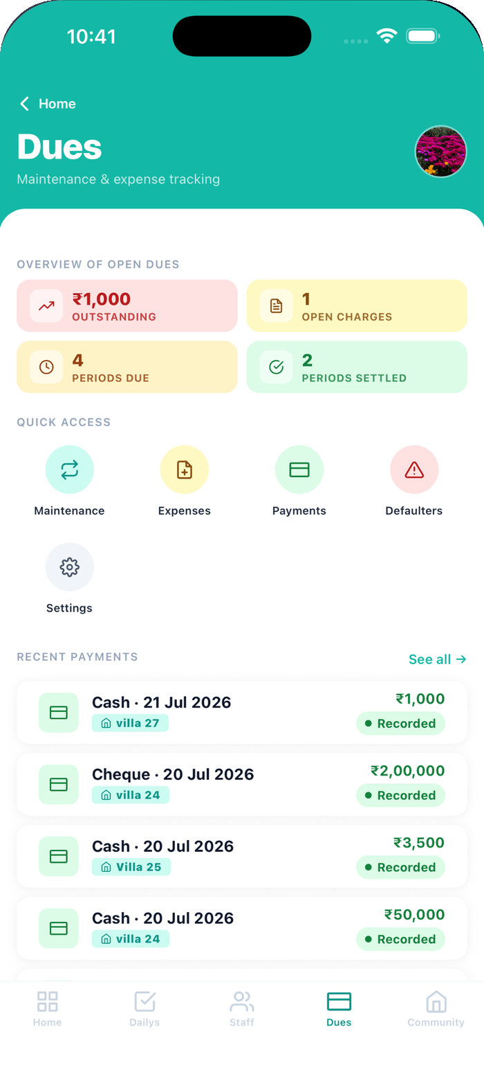 CommCorner app screenshot — Dues — maintenance periods, charge heads, recorded payments by cash, cheque or online, and a defaulters report.